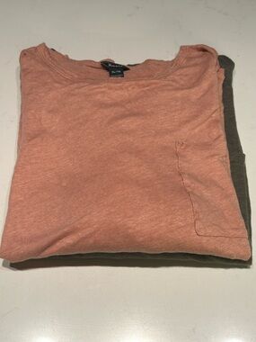 Set of 2 Roots 100 % linen Crewneck Tees /front pocket/side slit . Peach & Olive